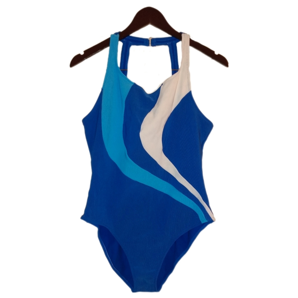 🔴 LAST CHANCE Retro Halter Style Swimsuit in Blue and White Swirl Design